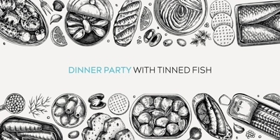 Hand-drawn canned fish border design. Vector seafood background. Sardines, anchovy, mackerel, tuna, mussels in tin cans, fish canapes, olives, crackers and lemons sketches. Tinned fish set